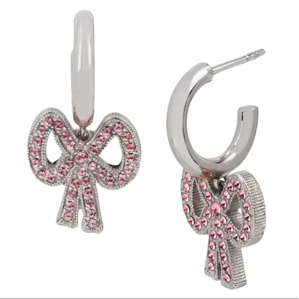 Coach Antique Huggie Bow Earrings, Silver Tone, Pink - Picture 2 of 4